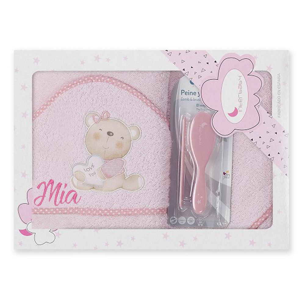 Capa de Baño Personalizada + Cepillo y Peine Bebé Osito Corazón Rosa