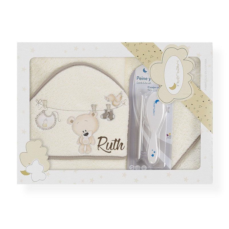 Capa de Baño Personalizada + Cepillo y Peine Bebé Osito Pinzas Beige