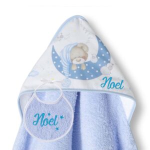 Capa de Baño Personalizada Osito Dormilón Azul + ¡Regalo de Babero!