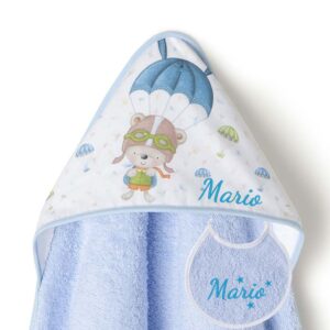 Capa de Baño Personalizada Paracaidas Azul + ¡Regalo de Babero!