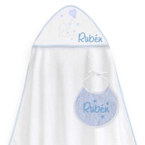 Capa de Baño Personalizada Elefante Corazón Azul + ¡Regalo de Babero!