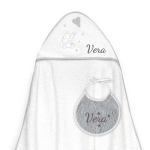 Capa de Baño Personalizada Elefante Corazón Gris + ¡Regalo de Babero!