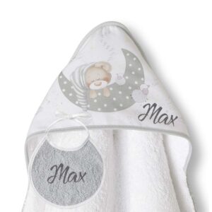Capa de Baño Personalizada Osito Dormilón Blanco + ¡Regalo de Babero!