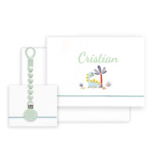 Sábanas Cuna Personalizadas Dino Blanco/Verde+ ¡Regalo de Broche Chupete!