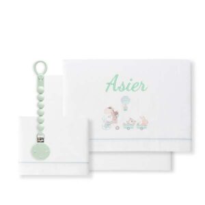 Sábanas Cuna Personalizadas Jirafa Bicicleta Menta + ¡Regalo de Broche Chupete!