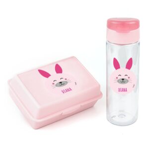 Pack Cajita Portalimentos + Botella Personalizadas Modelo Conejito