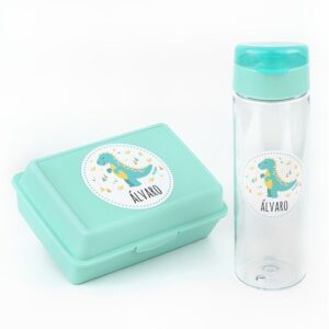 Pack Cajita Portalimentos + Botella Personalizadas Modelo Dino