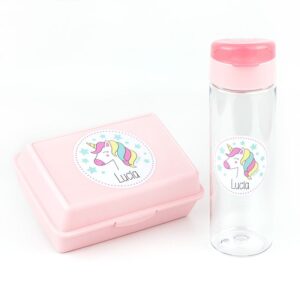 Pack Cajita Portalimentos + Botella Personalizadas Modelo Unicornio